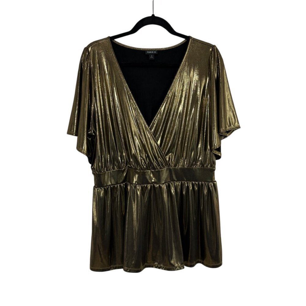 Torrid Shiny Gold Peplum Short Sleeve Blouse Women's Plus Size 2X
